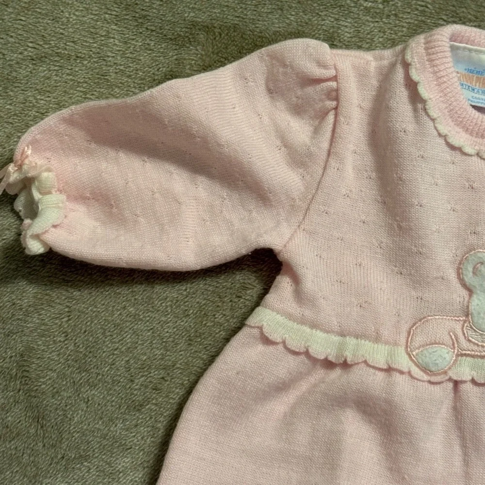 Vintage Bebe Glynne Percy Pink Knit Bear Romper Sleeper Kids 6-9 Months